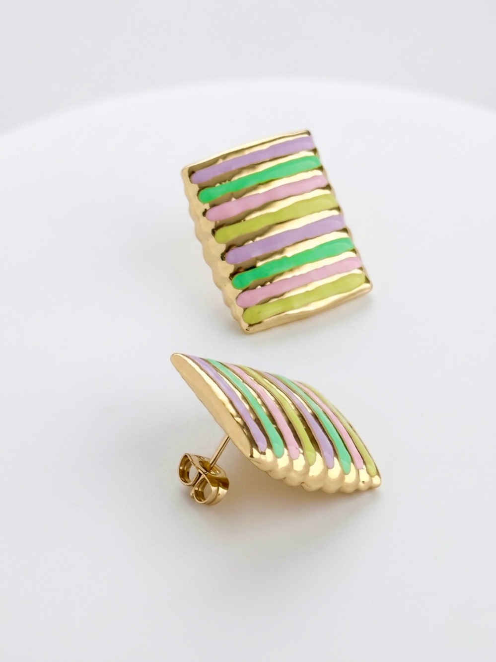 14K Gold Plated Pastel Stripe Rectangular Earrings | Lightweight Jewelry - Picture 3 of 8